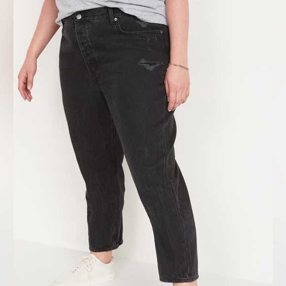 Old Navy Wmn 14 Black Distressed Button Fly High-Rise Slouchy Straight Jean NWT - Picture 1 of 11